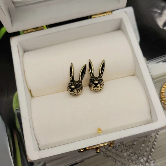 Vintage Estate Bunny Rabbit Crystal Stud Gold Earrings - Picture 6 of 16